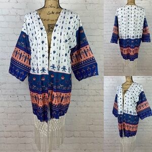 NWOT XJF Boho Print Open Front Lattice Fringe Bottom Kimono